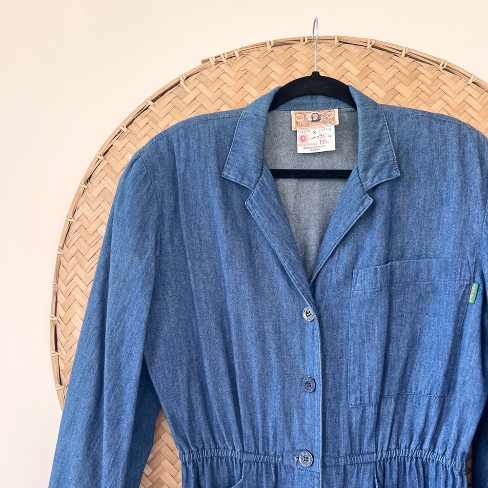 VINTAGE 80’S GENE EWING BIS BIS WRINKLED RICH DENIM DRESS W/ SHOULDER PADS - Picture 9 of 16